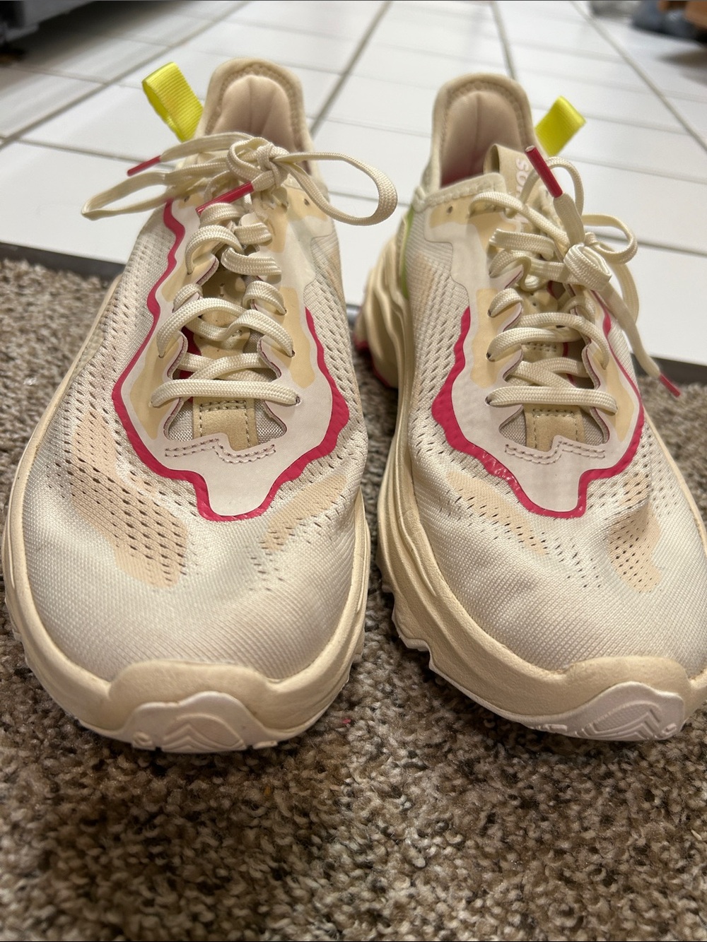 Sorel Women's Cream Running Sneakers with Pink Trim and Yellow Pull Tabs